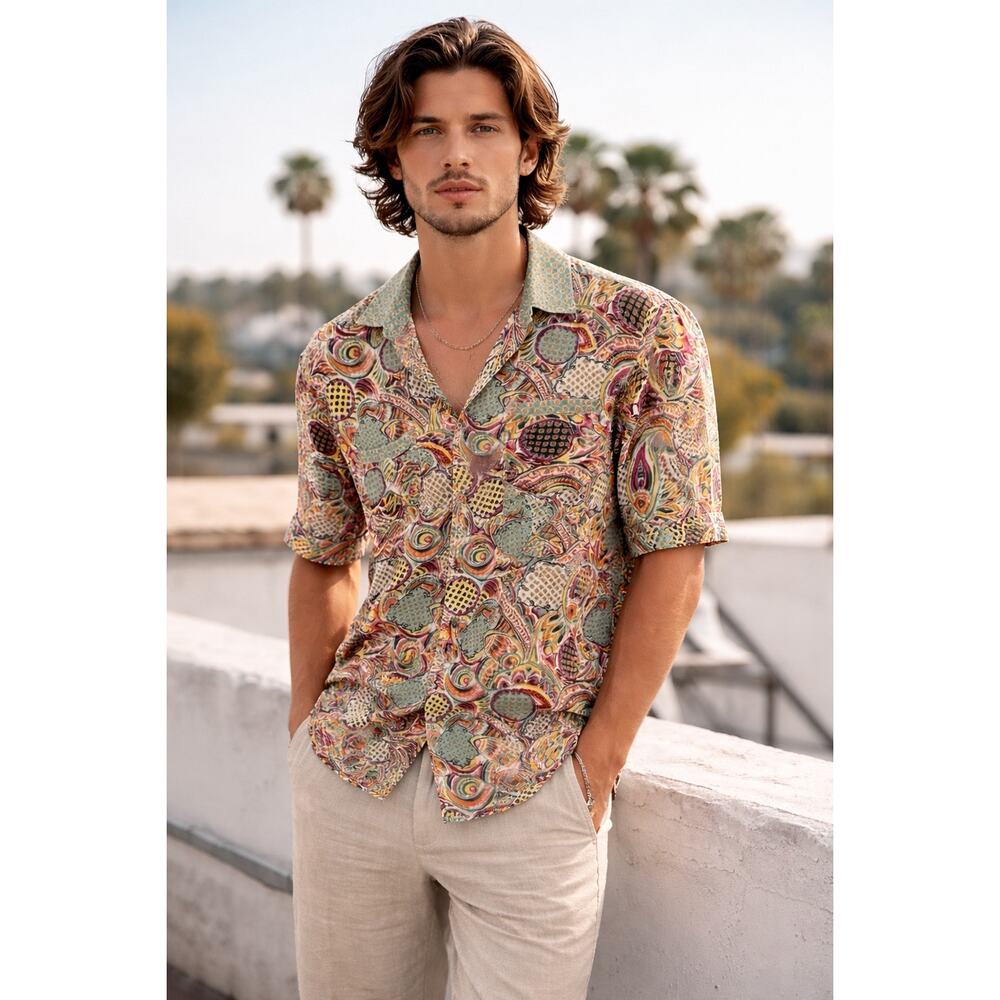 Paco Rabanne Vintage Abstract Paisley Short Sleeve Button Down Shirt XXL